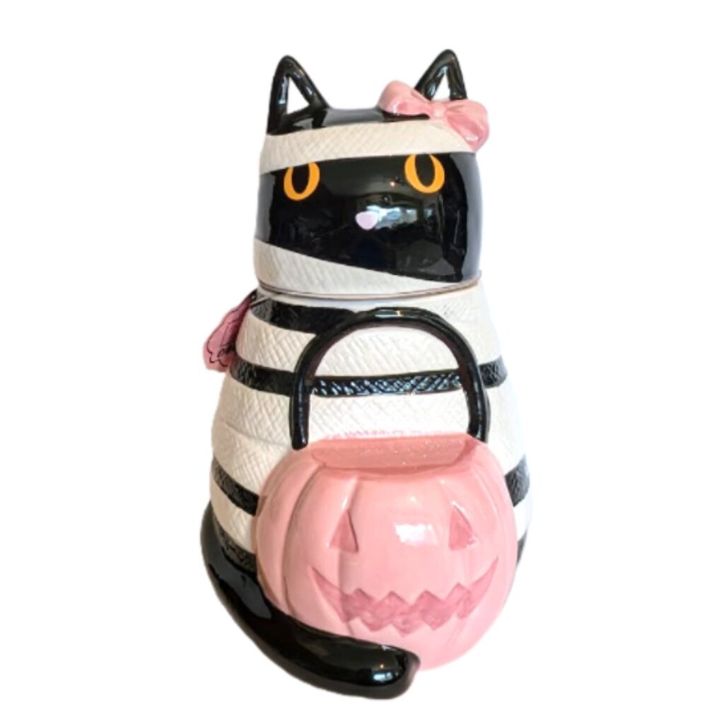 NWT Halloween White and Pink Mummy Cat Jar with Bow and Pumpkin Basket